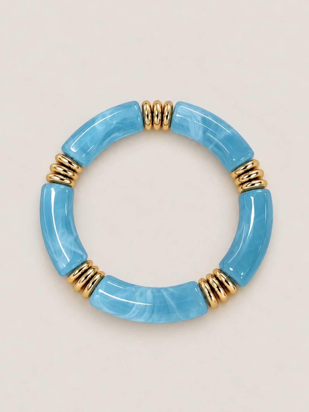 New! Aqua Blue Marbled Resin & Gold Spacer Stretch Bracelet NWOT